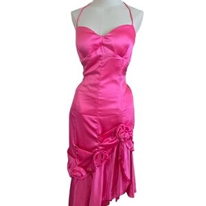 Chic Asymmetrical Pink Dress with Rose Accents